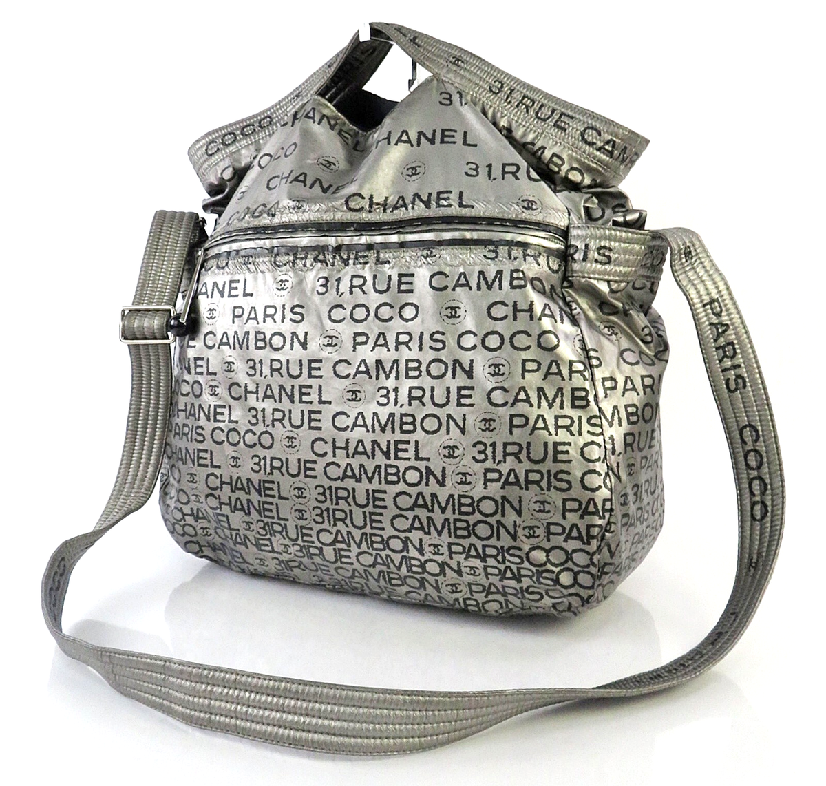 Auth CHANEL 31 RUE CAMBON Graphic Silver Nylon Shoulder Bag