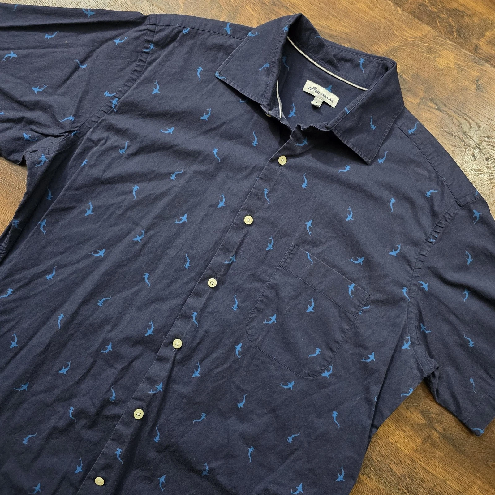 Peter Millar Shirt Mens L Blue Shark Print Button Up Short Sleeve Casual