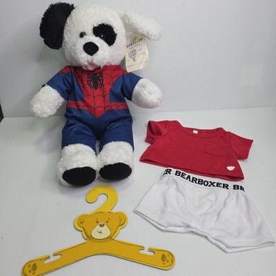 NWT Build A Bear Cookies & Cream Puppy Dog White Eye Patch Plush with Spiderman