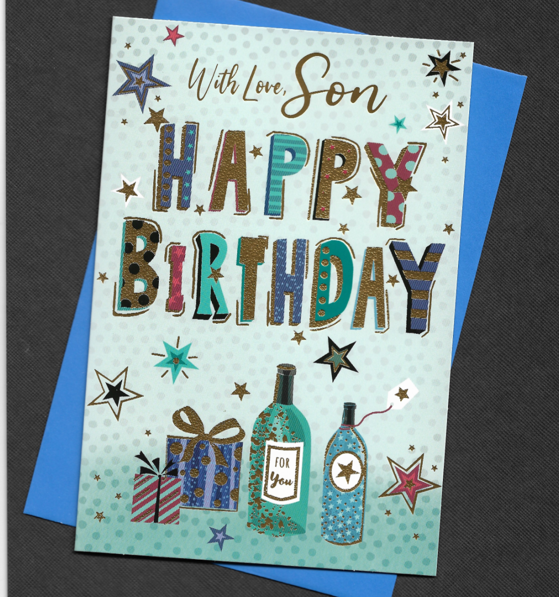 Son Happy Birthday Card Beer Bottles Text Stars Green Blue Adult 19x13cm