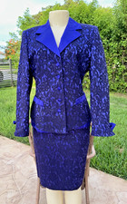 ESCADA COUTURE BLUE  BLACK BOW DETAIL JACKET SKIRT SUIT ESCADA Sz 38