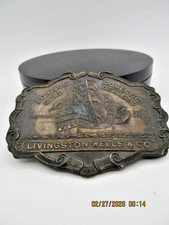 Livingston Wells  Co Brass Belt Buckle with Masted Sailing Ship Design Vintage