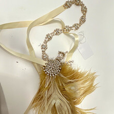 Ivory Rhinestone Feather Fascinator Headpiece w/ Ribbon Ties Women Wedding