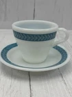 Vintage Pyrex Teal Laurel Leaf Coffee Cup & Saucer Set Of 4 Milk Glass 721 796