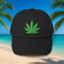 Distressed Cap, Stoner Hat with Ganja Leaf Design, Marijuana, Weed Cap, 420 