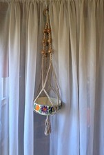 Vtg Macrame Wood Beads Hanging Plant Holder 39" Czechoslavakia Hand Painted
