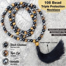108 Mala Tiger Eye Hematite Black Obsidian Triple Protection Meditation Bracelet