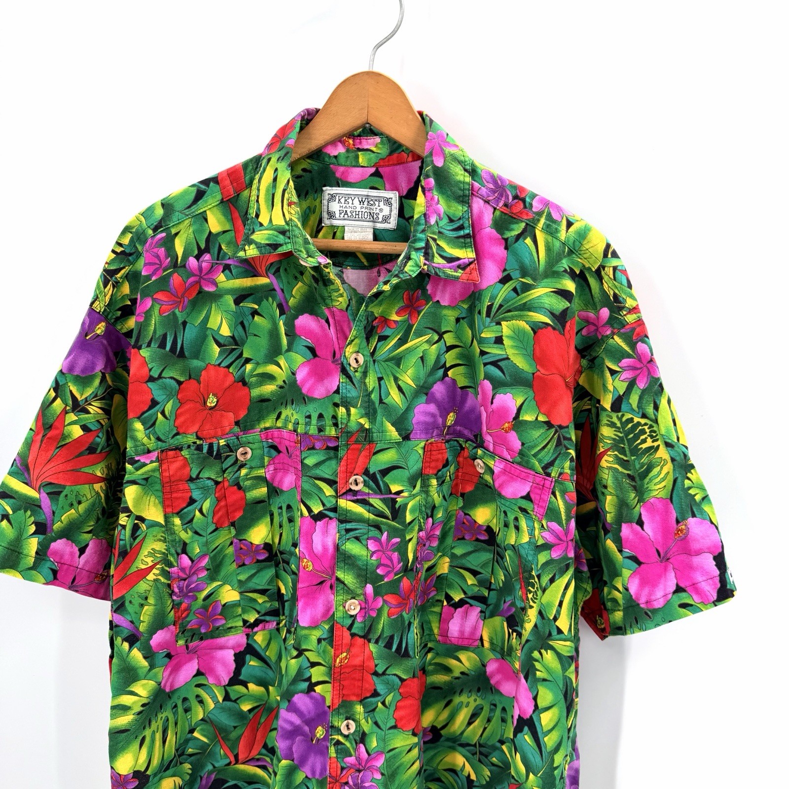 VTG 80s Key West Hand Print Fashions Hawaiian Shirt Camouflage Tropical Floral L image 2
