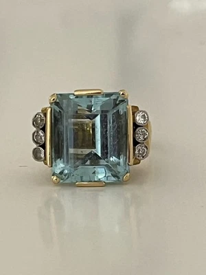 6968-Importante Bague Or Jaune Aigue-Marine 18,00 ct Diamants - Photo 1/4
