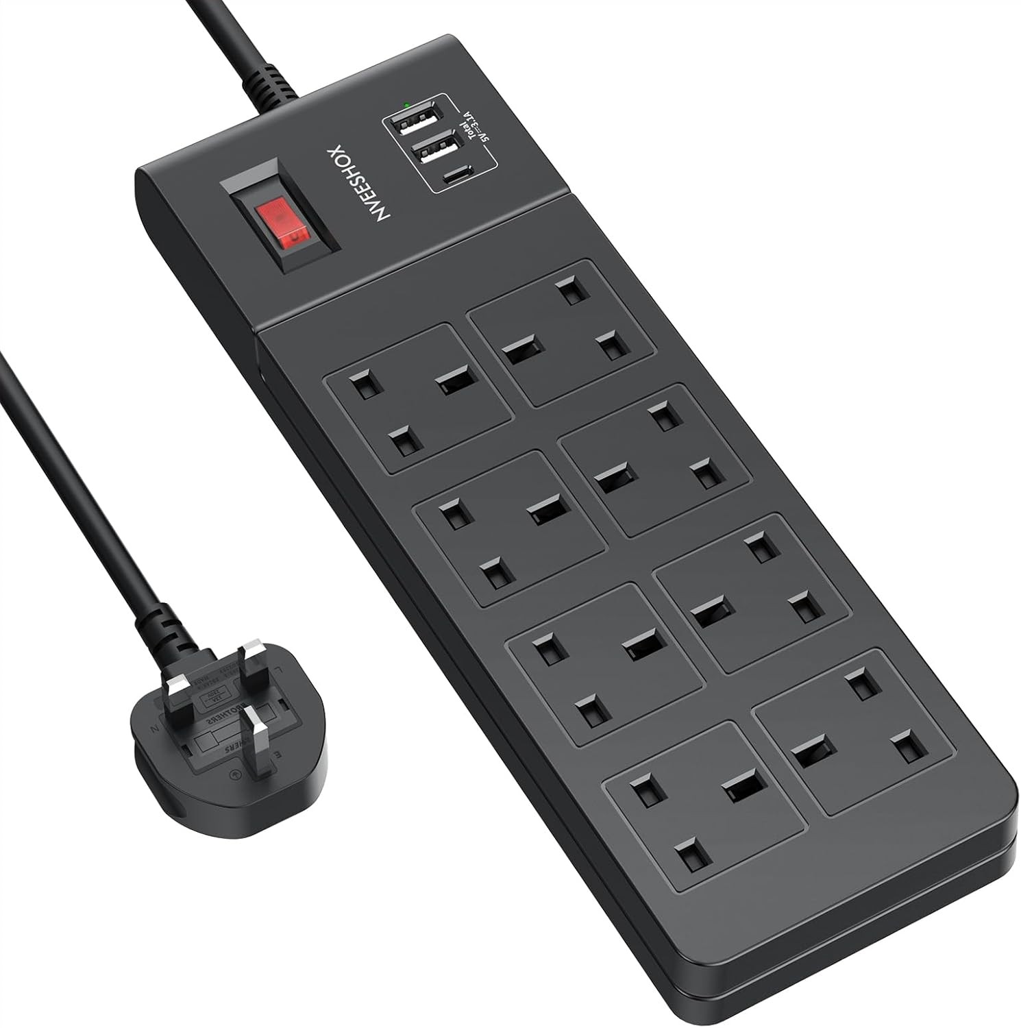 NVEESHOX Black Extension Lead [13A 3250W], 8 Way Outlets Power Strip with 3 USB