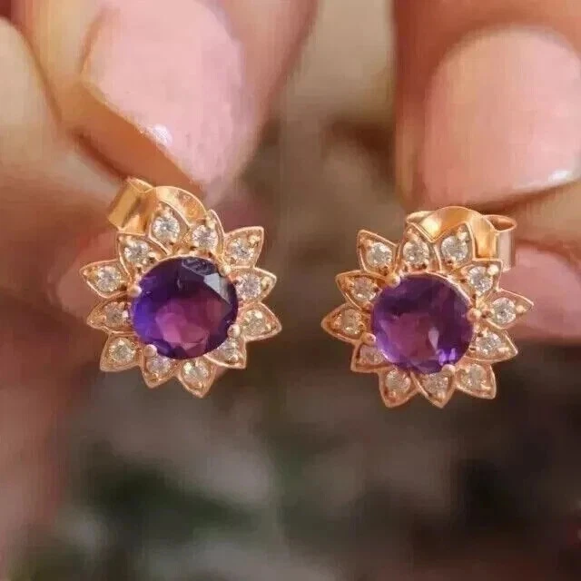 2.25 Ct Round Amethyst & Diamond Sunflower Stud Earrings in 14K Rose Gold Plated - Image 3 of 4