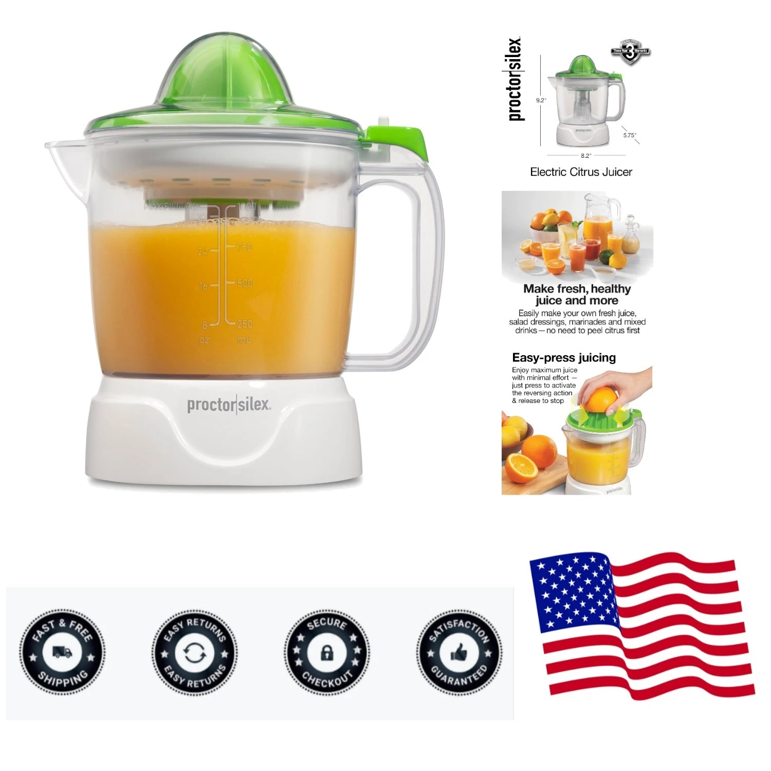 Electric Citrus Juicer Machine, Large 34 oz. Pitcher, Pressure Activated, 2 R...