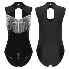 US Womens Shiny Metallic Latin Fringe Figure Ice Skating Dance Leotard Costume