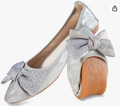 Flache silberne Damen-Ballerinas mit Schleife vorne UK-Größe 6
