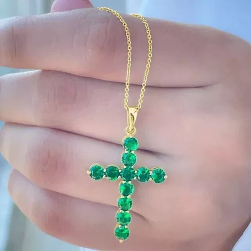 4.30Ct Round Cut Natural Green Emerald Cross Pendant 14k Yellow Gold Plated - Picture 8 of 8