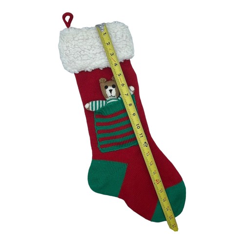 Vintage 1970s Christmas Stocking Knit Pocket With Teddy Bear Red Green White 20” - Picture 7 of 7