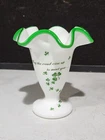 Fenton Irish Treasures Shamrock Milk Glass 6” Vase Fluted Emerald Crest