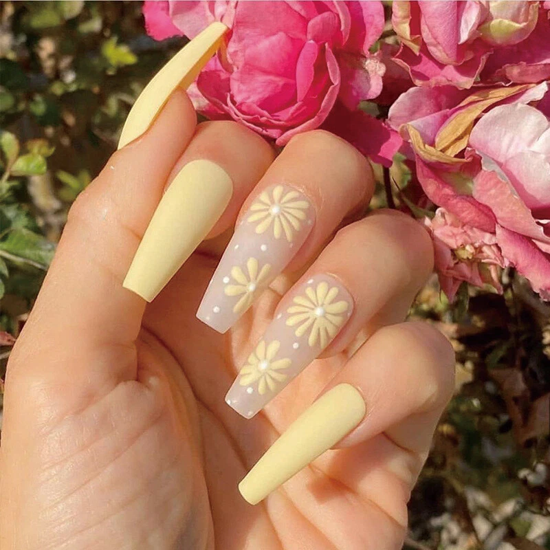 Matte Yellow Fake Nails Long Coffin French Flower Pattern Press On