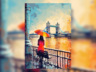 Frau mit Regenschirm zu Fuß auf die Themse zur Tower Bridge Ölgemälde Druck 5''x7''