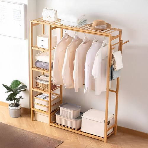 Wooden Clothes Rail Garment Rack Hanging Coat Stand Storage Shelves W/Side Hooks - Picture 5 of 12