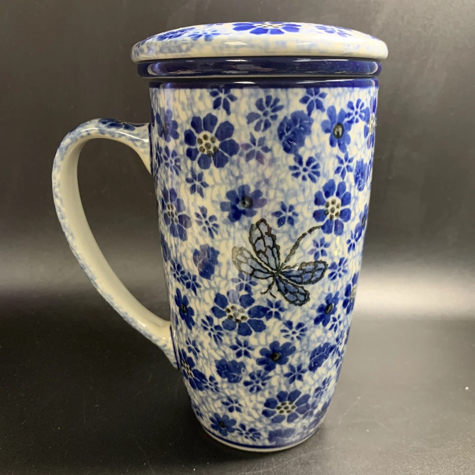 Taza de café con leche de cerámica polaca tapa azul margaritas floral libélula hecha en Polonia Foto 3 de 4