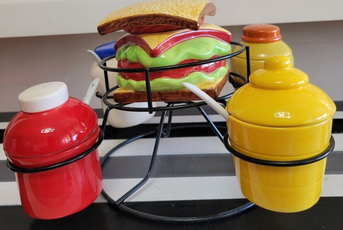 PIER 1 IMPORTS SANDWICH CONDIMENT SPINNER BLACK METAL HOLDER AND 5 CONTAINERS