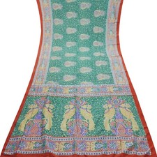 Namaste Vintage Green Sarees 100 Pure Silk Printed Indian Sari 5YD Craft Fabric