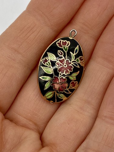 Vintage Cloisonne Pink Red Flowers Floral Gold Tone Oval Pendant Bead - Picture 5 of 7