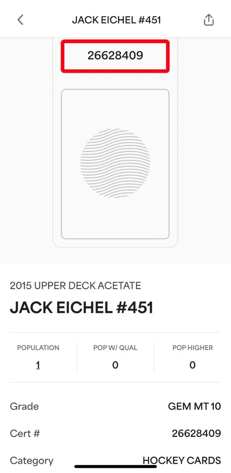 RARE POP 1 2015 Upper Deck Series 2 Jack Eichel Young Guns Rookie Acetate PSA 10 - Image 4 of 4