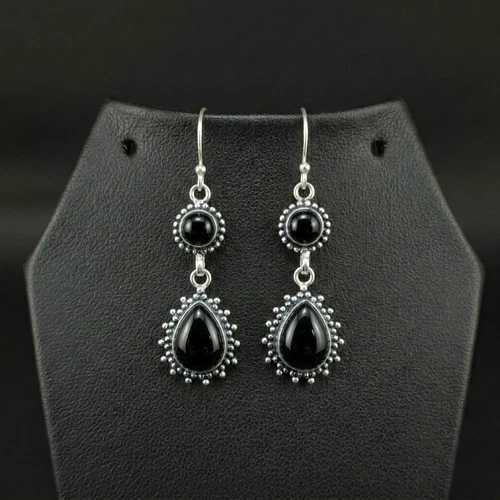 Black Onyx Gemstone 925 sterling silver handmade Dangle Drop Earrings 2.25"
