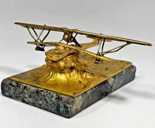 WWI German Military Trench Art Gold Metal Bi-Plane Sculpture Vintage Signed CED