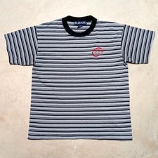 Vintage BUM Equipment Made in USA Embroidered Striped Tee Shirt - Size Large