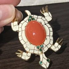 Vintage Unsigned Trifari Brooch Turtle L’Orient Collection 1960s Cabochon Coral