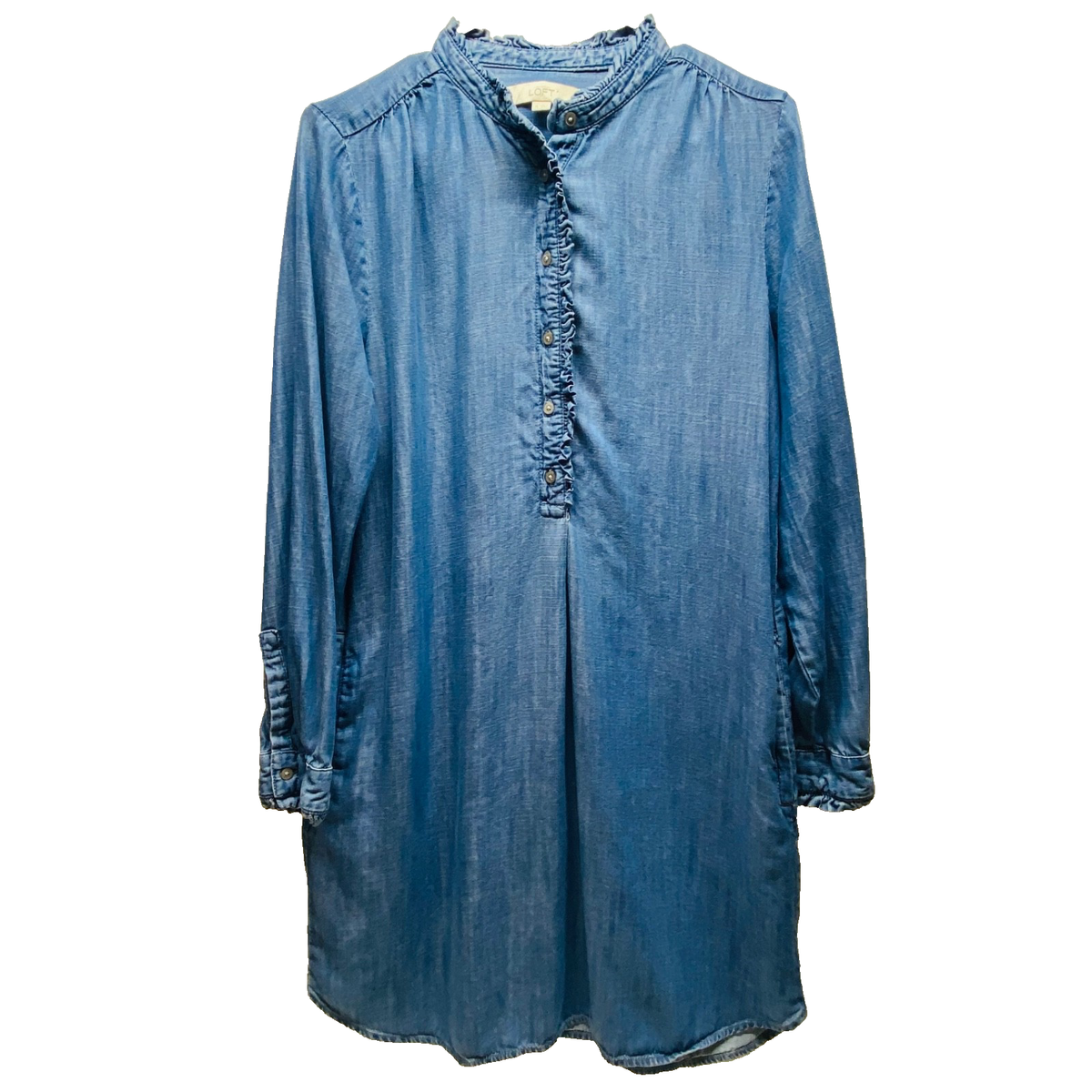 Loft Half Button Shirt Dress Women's Medium Blue Denim Chambray Long Sleeve  GUC
