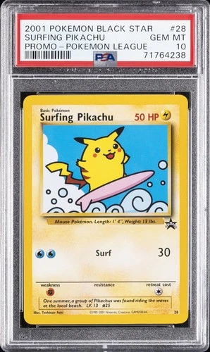 2001 POKEMON PROMO BLACK STAR POKEMON LEAGUE #28 SURFING PIKACHU PSA 10