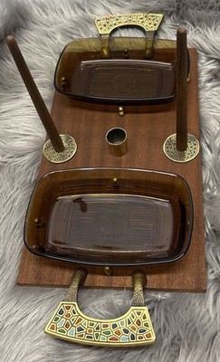 Vintage 70s Brass Wood Glass Cheese Lox & Bagel Tray Server