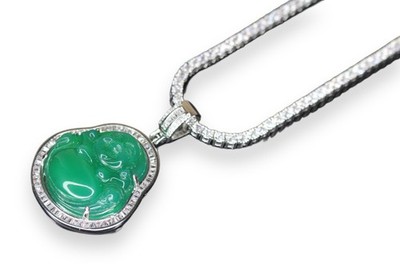 14k STAMPED Happy Buddha GREEN Jade Pendant TENNIS 74ct Lab Sim BAGUETTE Diamond