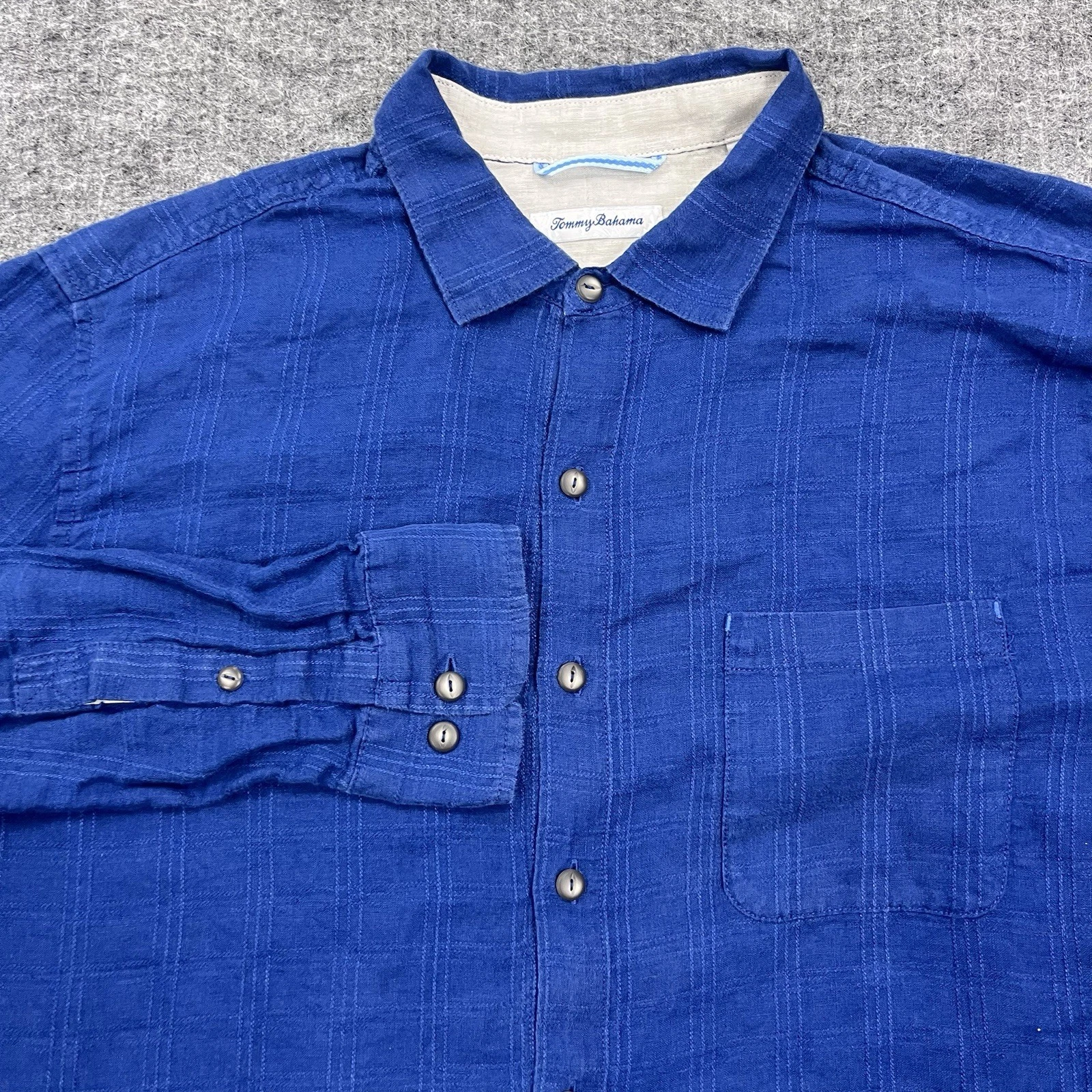 Tommy Bahama Shirt Mens Large Blue Linen Button Up Long Sleeve Casual Beach Camp