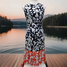 Eliza J Midi Dress Size 4 Navy & Coral Floral Sleeveless Spring Cottagecore Boho