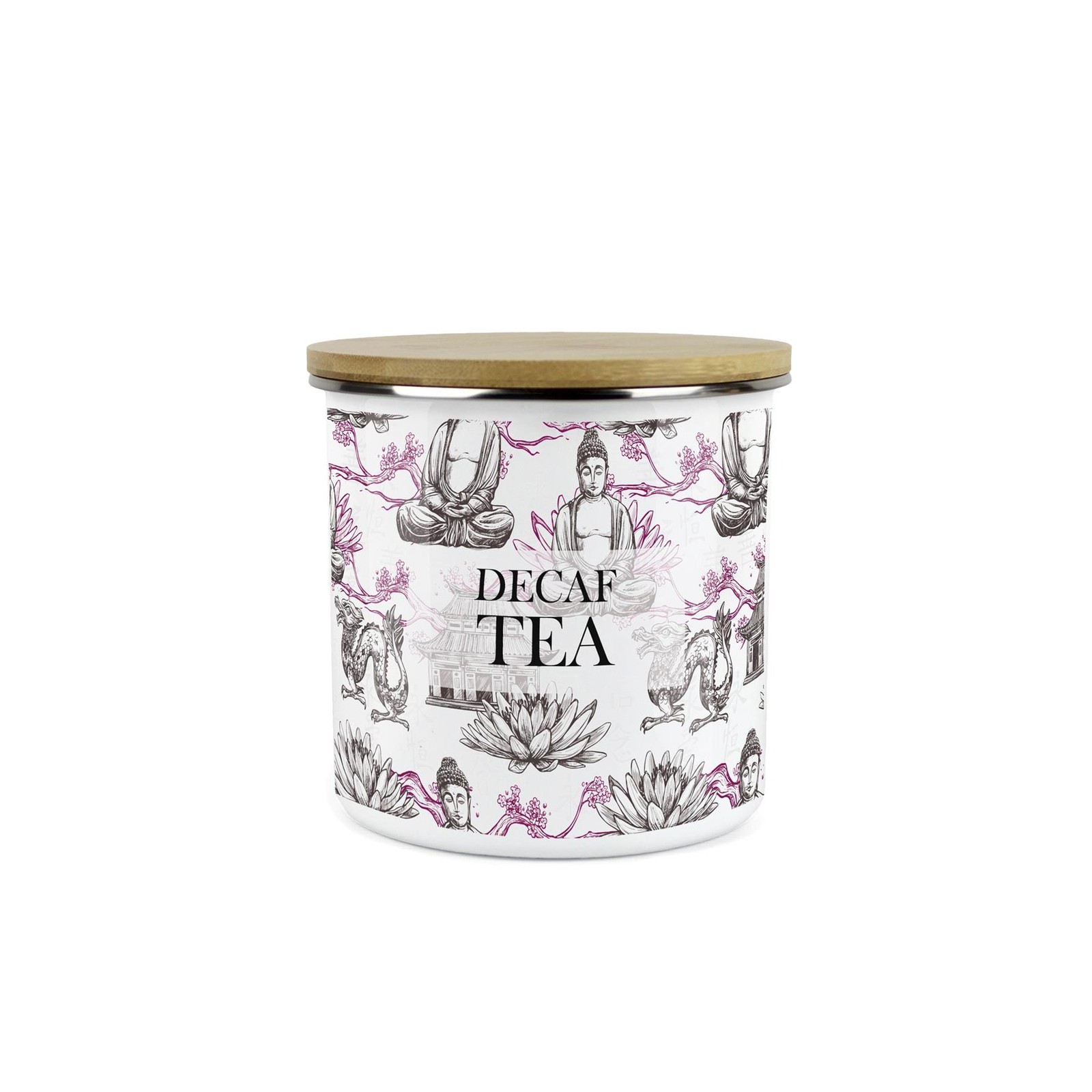 Decaf Tea Storage Canister - Asian Scenes Purple Enamel Kitchen Container Gift