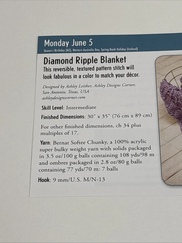 Diamond Ripple Blanket Crochet Pattern Card Page - Image 2 of 3