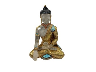 8.5  Tipel Nepal Crystal Copper Gilt Inlay Turquoise Shakyamuni Buddha Statue