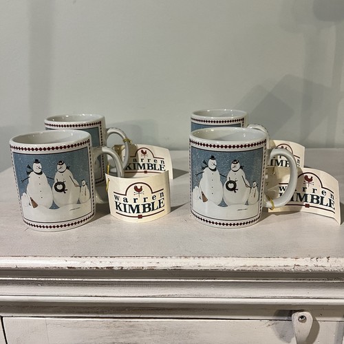 Warren Kimble Snowmen Mugs Coffee Cups Otagiri Set of 4 Stoneware Y2K