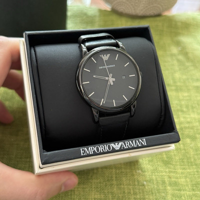 Emporio Armani Men's Black Dial Black Leather Quartz Date 40mm Watch w/ Box