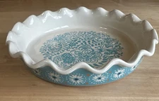 Pioneer Woman Pie Plate Blue Daisy Floral Stoneware 9" Bake Dish Ruffle Edge