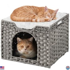 Cozy Handwoven Rattan Cat Cave - Indoor Kitten House  Pet Cube, 16.5x16.5x13.2