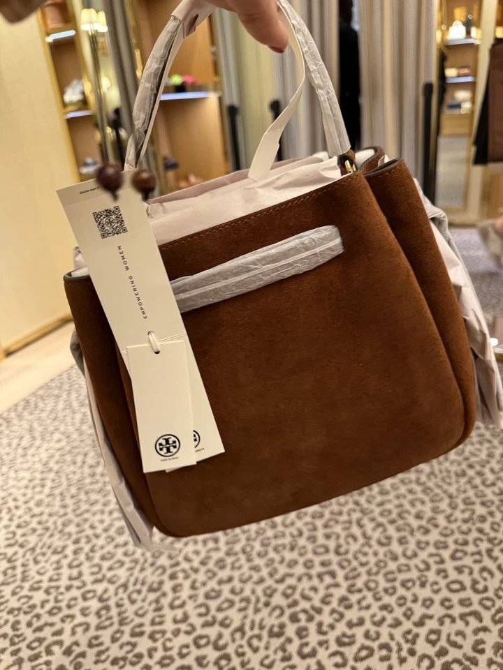 Tory Burch Romy Bolso Cubo Cuero Gamuza Marrón Bandolera Asa Superior Bolso de Mano Nuevo con Etiquetas Foto 3 de 4