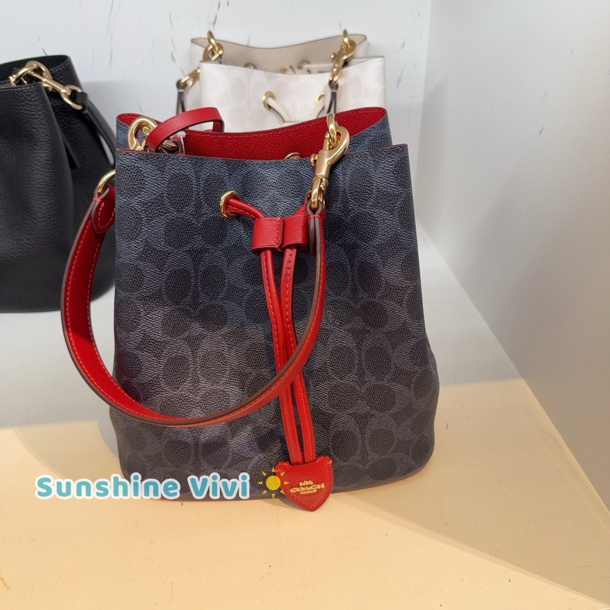 NWT COACH Rowan Bucket Bag Signature Canvas CBH07 Denim/Bold Red