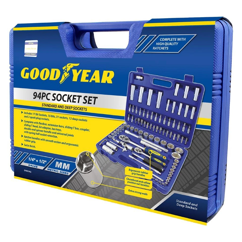 Goodyear Socket Set Screwdriver Bits Ratchet 1/2" 1/4" Tool Wrench Bit Kit 94pc - Image 3 of 4