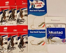 Mixed fishing lot- mustad hooks, little joe red devil spinner, eagle claw